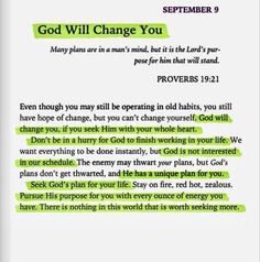 an open book with green text on it and the words, god will change you