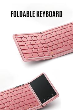 two pink keyboards with the words foldable keyboard above them and below it is an image of a cell phone