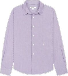 Pinstripe Cotton Shirt With Button Closure, Business Tops With Striped Collar And Long Sleeves, Business Long Sleeve Tops With Striped Collar, Purple Cotton Shirt For Business, Cotton Button-up Shirt With Signature Stripes, Purple Cotton Business Shirt, Collared Cotton Shirt With Signature Stripes, Business Cotton Pinstripe Shirt, Business Pinstripe Cotton Shirt