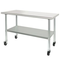 a stainless steel table with two wheels on each side and an empty shelf underneath it