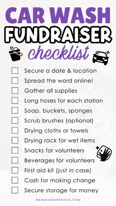 the car wash fundraiser checklist is shown in purple and white with black lettering on it