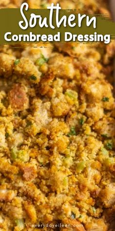 a casserole dish with cornbread and green onions