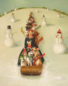 there are many dogs riding in a sleigh with snowmen on the hill