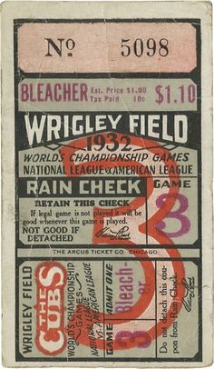 an old ticket for the wrigley field baseball game in chicago, n y