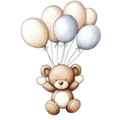 a teddy bear holding several balloons in the air