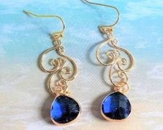 Elegant Adjustable Wire Wrapped Chandelier Earrings, Gold Plated Filigree Dangle Earrings, Blue Filigree Dangle Jewelry, Traditional Blue Filigree Earrings, Elegant Gold-tone Dangle Chandelier Earrings, Handmade Blue 14k Gold-filled Earrings, Gold Feathers, Wedding Bridal Jewellery, Gold Filigree