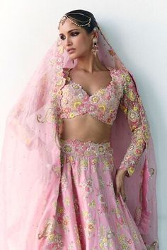 Pink cutwork border kalidar lehenga crafted in pure silk with all over Gardenia embroidery using resham, zardozi, embossed motifs and pearl highlights. Paired with a matching embroidered Queen Anne neck full net sleeves blouse and an embroidered organza dupatta. - Aza Fashions Net Sleeves, Embroidered Organza, Sleeves Blouse