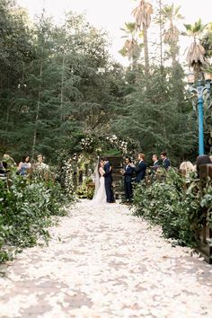 a bride and groom are standing in the middle of a path surrounded by greenery