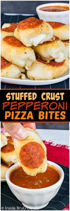 stuffed crust pepperoni pizza bites are being dipped with marinara sauce and melted cheese