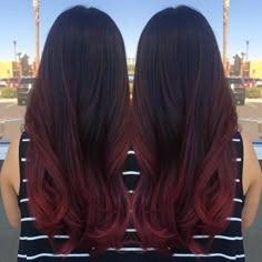 Black To Dark Red Ombre Hair, Raspberry Balayage, Balayage Burgundy, Hair Color Ombre, Aveda Color, Subtle Ombre, Color Balayage