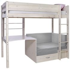 a white bunk bed with a desk underneath it and drawers under the bottom shelf for storage