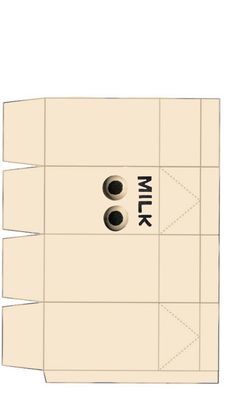 an open box with two holes on the side and one hole in the middle that says milk