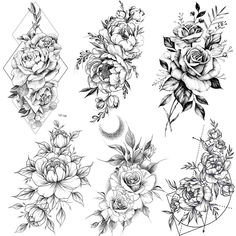 several different flowers and leaves tattoo designs