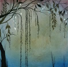 a painting of trees and branches with rain drops falling from the leaves on them, against a blue sky