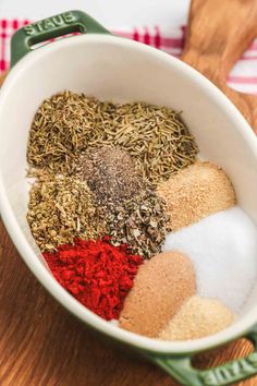 a bowl filled with spices on top of a wooden table