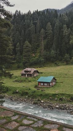 two small houses in the middle of a green field next to a river and trees