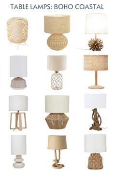 table lamps boho coastal in various sizes and colors with text overlaying the image