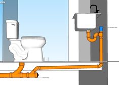 a drawing of a toilet and sink in a bathroom with yellow piping on the wall