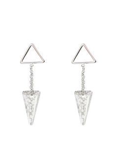 The JULIA brilliant crystal spike stud earrings are the ultimate fashion statement with its double triangle design. These edgy and modern nickel-free ultra sparkly earrings are perfect for any occasion. The triangle is available in trendy silver or bright gold. The crystal spike is available in a beautiful clear crystal, modern silver or black patina and classy gold. They are attached to a push-back backing to make it easy to place in the ear and come with a butterfly backing to stay securely in Luxury Triangle Silver Jewelry, Luxury Silver Triangle Jewelry, Crystal Spikes, Double Triangle, Phone Items, Sparkly Earrings, The Triangle, Triangle Design, Bright Gold