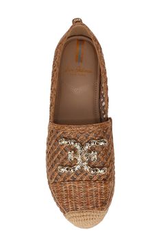 An espadrille-inspired flat features a breezy latticed design highlighted by a woven cap toe, gleaming logo hardware and earthy jute trim. 1" heel Textile upper/leather lining/synthetic sole Imported Luxury Espadrilles With Woven Sole, Luxury Flat Espadrilles With Woven Sole, Designer Espadrilles With Woven Sole For Vacation, Flat Espadrilles, Sam Edelman, Womens Flats, Espadrilles, Size 10, Nordstrom