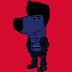 a cartoon dog wearing a leather jacket and standing in front of a red background,