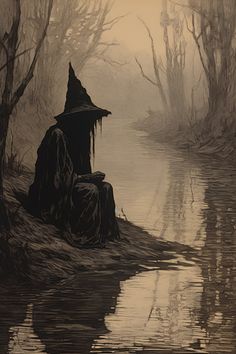 a painting of a wizard sitting on the bank of a river