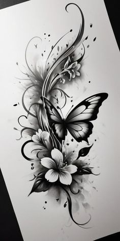 a black and white drawing of a butterfly with flowers