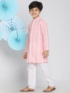 VASTRAMAY Pink Pure Cotton Kurta Chikankari Pyjama Baap Beta Set A stunning addition to your ethnic wardrobe, this pink pure cotton kurta set with intricate chikankari work is perfect for special occasions. Key Features: Color: Pink Fabric: Pure Cotton Design: Chikankari Set Includes: Kurta and Pyjama Specifications: Available Sizes: S, M, L, XL, XXL Occasion: Festive, Party Wash Care: Hand Wash or Dry Clean Only Material & Care: This kurta set is made of pure cotton, ensuring comfort and breath