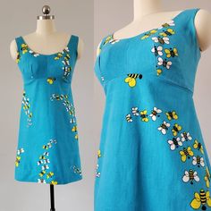 "Vintage 60s rare cotton play dress / swim dress in the prettiest bright blue with bumblebee print. Features molded cups and a metal zipper in back. Made by Jay-Ray Originals Baltimore, MD. Approximately a size XS/2, pictured on a size 4 mannequin and wouldn't zip all the way. There is no stretch to the fabric, please see measurements: Excellent vintage condition: no holes, tears, fading or repairs. The cups are still soft and pliable. There is a small stain in the right bust near the underarms Fitted Cotton Dress With Retro Print, 60s Sundress, Mid-century Cotton Summer Dress, Thrifting Outfits, Spring Mod Mini Dress With Retro Print, Fitted Mod Dress With Vintage Print, Blue 60s Dress, Mod Mini Dress With Retro Print, Tube Dresses