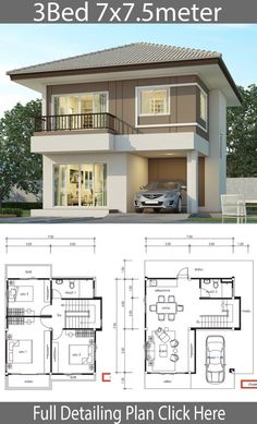 two story house plan with 3 beds and 7 meters in the front, three car garage on