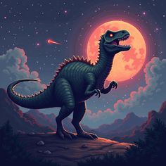 a dinosaur is standing in front of the full moon