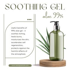 a bottle of soap with aloen on it next to an ad for soothing gel