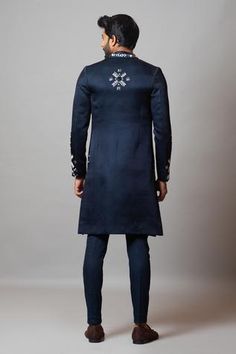 Shop for Paarsh Blue Linen Satin Constellation Embroidered Achkan Set for Men Online at Aza Fashions Winter Fitted Blue Kurta, Fitted Blue Kurta For Ceremonial Occasions, Ceremonial Fitted Blue Kurta, Blue Fitted Traditional Wear For Winter, Fitted Indigo Kurta With Resham Embroidery, Festive Fitted Indigo Kurta, Blue Festive Winter Kurta, Blue Winter Festive Kurta, Fitted Indigo Traditional Wear For Festive Season