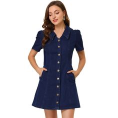 This dress with denim design that features collared and vintage bubble short sleeves. Sweet and feminine, the mini dress shows off your casual wearing style. A full-button placket makes you more comfortable when you wear it. Suitable for Work, Shopping, Dating, Casual, Coffee Shop, etc. Perfectly pair with your pretty sandals and simple handbag for a casual look. A good choice to wear it for a sweet date. Collared Cotton Mini Dress With Pockets, Casual Cotton Mini Dress With Collar, Casual Spring Mini Dress With Collared Neckline, Short Sleeve Mini Dress With Buttons For Summer, Summer Mini Dress With Buttons And Short Sleeves, Trendy Denim Mini Dress With Short Sleeves, Short Sleeve Denim Dress With Pockets, Fitted Short Sleeve Denim Dress, Denim Blue Buttoned Mini Dress