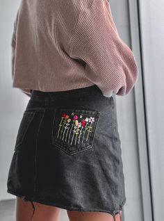 Summer Denim Skirt With Floral Embroidery, Black Embroidered Skirt, Fitted Embroidered Denim Skirt, Summer Floral Embroidered Denim Skirt, Denim Skirt With Floral Embroidery, Embroidered Fitted Denim Skirt, Casual Style, Jean Embroidery, Hand Embroidered Skirt, Flower Pocket