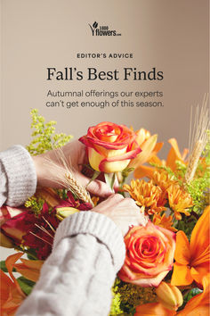 an advertisement for autumn flowers with the words fall's best finds, and two hands holding