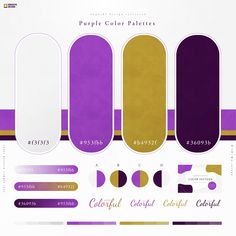 the purple and gold color palettes are all in different shapes, sizes, and colors