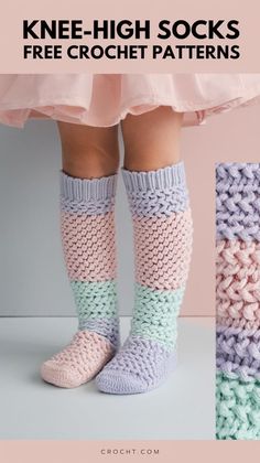 a pair of crocheted socks with the words knee high socks free crochet patterns