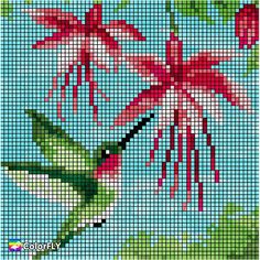 a cross stitch pattern with pink flowers and green leaves on blue sky in the background