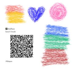 three different colored scribbled hearts and one with a qr code