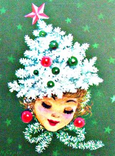 a painting of a woman with a christmas tree on her head and stars above her head