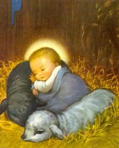 a painting of a baby laying on top of a lamb in the grass next to an animal