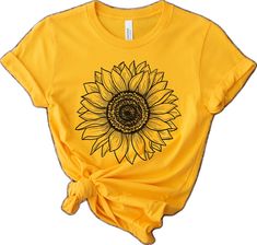 Cotton Short Sleeve T-shirt With Sunflower Print, Yellow T-shirt With Sunflower Design For Spring, Cotton Crew Neck T-shirt With Sunflower Design, Sunflower Print Crew Neck Graphic Tee, Sunflower Print Graphic Tee With Crew Neck, Yellow Graphic Tee With Floral Print, Yellow Floral Print Cotton T-shirt, Spring Yellow Floral Print T-shirt, Yellow Sunflower Short Sleeve Tops