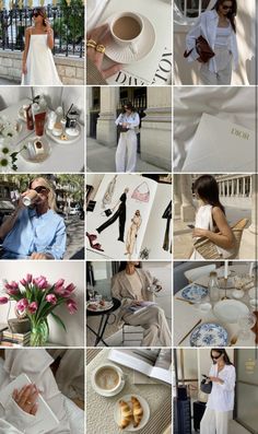 a collage of photos with people in white outfits and flowers on the table, one woman is holding a coffee cup