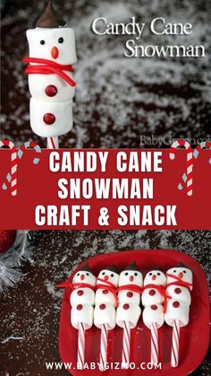 candy cane snowman craft and snack for kids to make with marshmallows