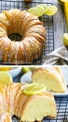 lemon pound cake on a cooling rack with sliced lemons and limes in the background