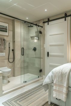 a bathroom with a shower, toilet and sink in it's center area next to a bathtub