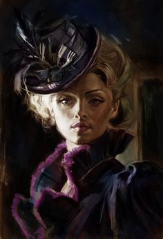 a painting of a woman wearing a purple hat with feathers on it's head