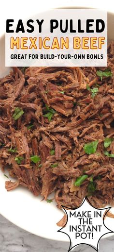 A white bowl filled with easy pulled Mexican beef with chopped cilantro sprinkled on top. Mexican Shredded Beef, Real Food Dinner, Mexican Beef, Crowd Pleasing Recipes, Dinner Party Menu, Shredded Beef, Instant Pot Soup