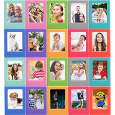 a collage of photos with different people and animals on them, all in bright colors